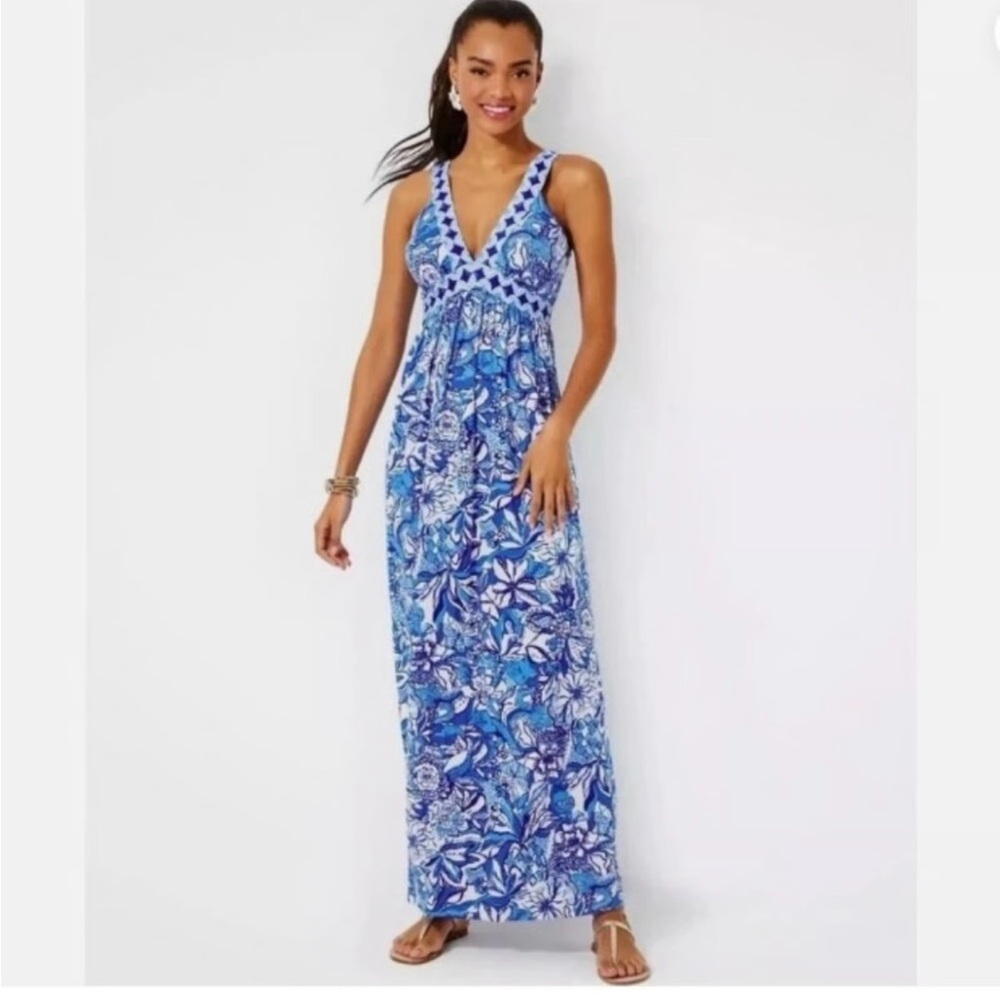 NWTLilly Pulitzer Serena Maxi Dress in Blue Tang Flocking Fabulous Size 14